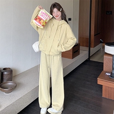 黄色休闲运动套装女秋季2025新款洋气减龄宽松连帽卫衣长裤两件套，女装套装/套裙，2C176