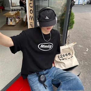 抖音得物供货210克现货宽松纯棉美式潮牌印花落肩袖纯棉T恤AT2191图片