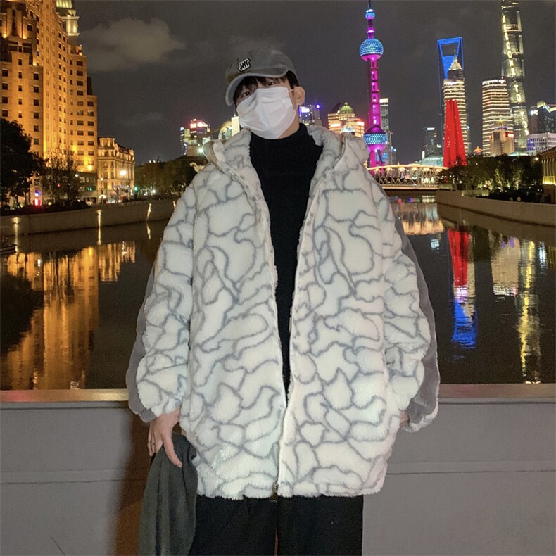 M8020P90港风外景连帽休闲拼色裂纹印花羊羔毛潮学生情侣外套,男装棉衣,电商A026-1