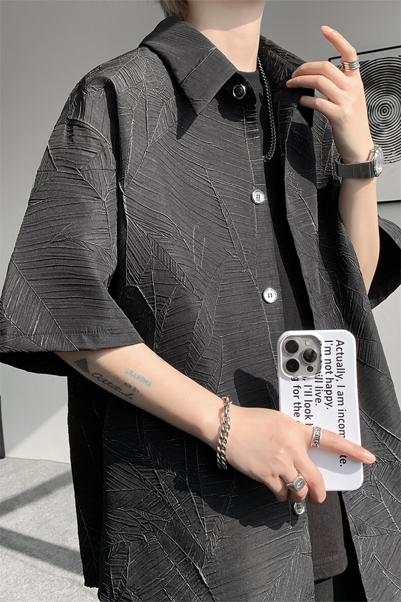 高品质潮流短袖衬衫小众解构肌理感黑色裂纹韩版花衬衫打底T恤P50,男装T恤,电商B319