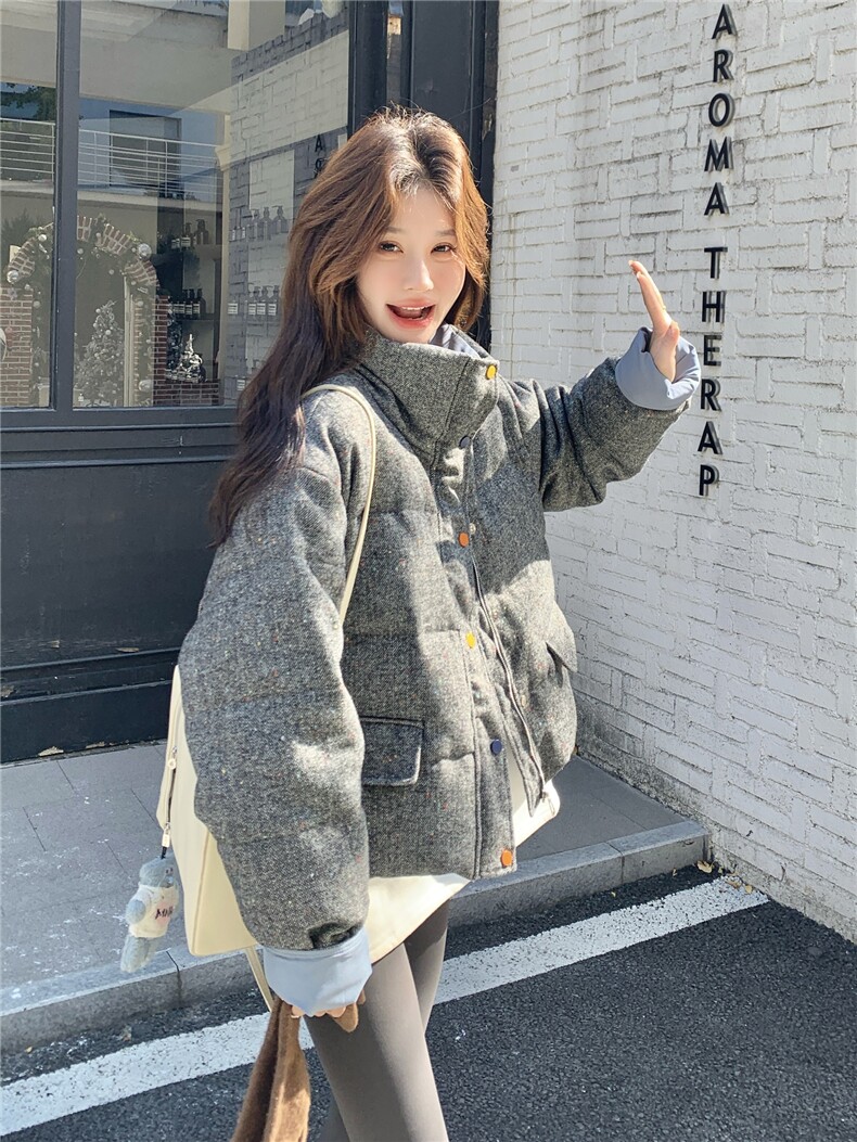韩系灰色撞色短款羽绒服外套女冬2025新款设计保暖白鸭绒气质外套,女装羽绒服,艾米莉亚