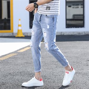 春夏新款乞丐裤潮韩版男士牛仔裤修身破洞小脚九分裤百搭K819-P42