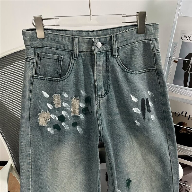 水洗破洞牛仔裤男春季设计感小众宽松阔腿直筒拖地裤美式ins裤子,男装牛仔裤,星座1013