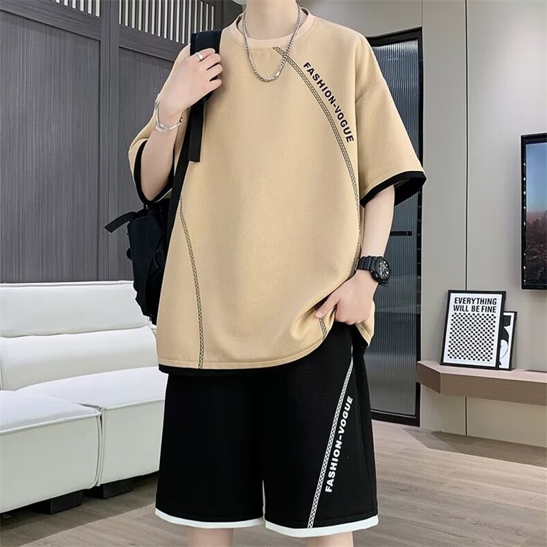 凉感短袖套装男夏季五分袖t恤青少年宽松休闲运动一整套衣服ins,男装T恤,星座1210-1
