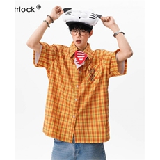 wassuphappy黄色格子短袖衬衫男士夏季2025新款复古翻领休闲外套，男装衬衫，星座1116A（原606A-3）