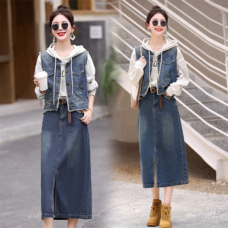 牛仔马甲套装女2025年新款春秋港风复古开叉一步裙子半身裙两件套，女装套装/套裙，意芙