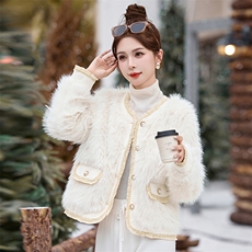 小香名媛风皮毛一体外套女2024冬新款气质短款毛茸茸环保皮草上衣，女装棉衣/棉服，奕薇雅