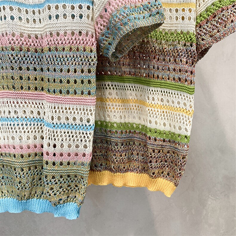 彩色宽松短袖polo美式条纹渐变镂空翻领休闲针织YP922P35,男装Polo衫,星座1013-1