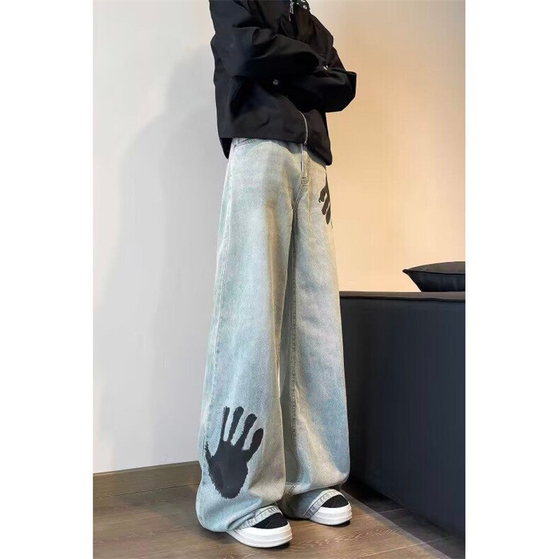 DB28-P50美式高街vibe风手掌印花牛仔裤男设计感宽松hiphop炸街裤,男装牛仔裤,星座603-2
