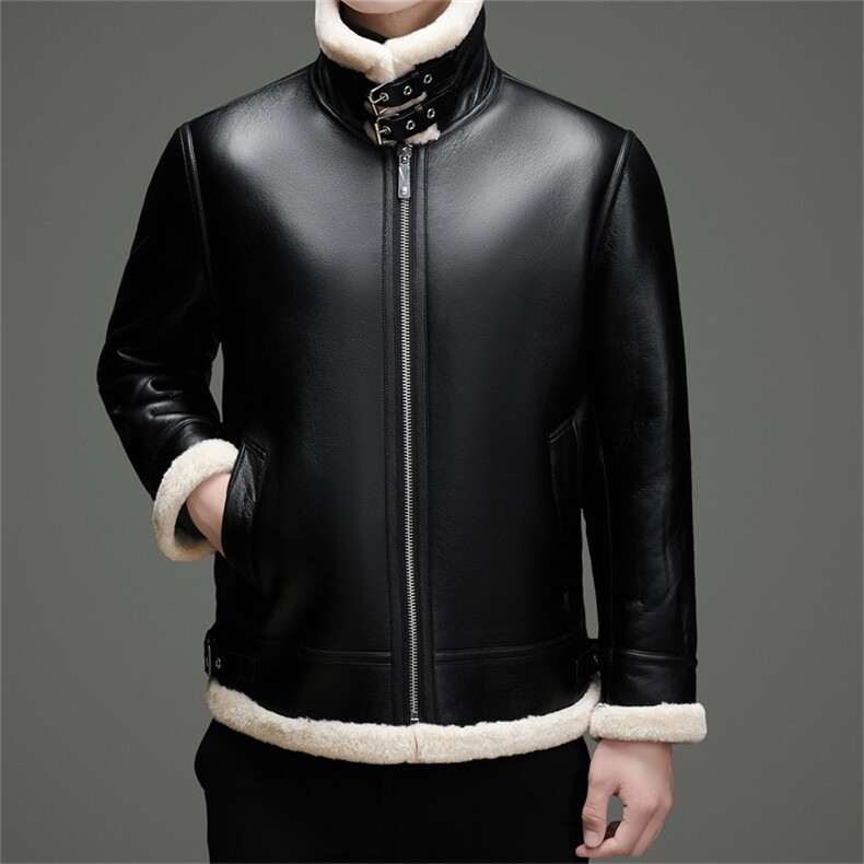 冬季轻奢男士皮毛一体加绒夹克毛领加厚保暖外套宽松休闲通勤上衣，男装夹克，钱塘723