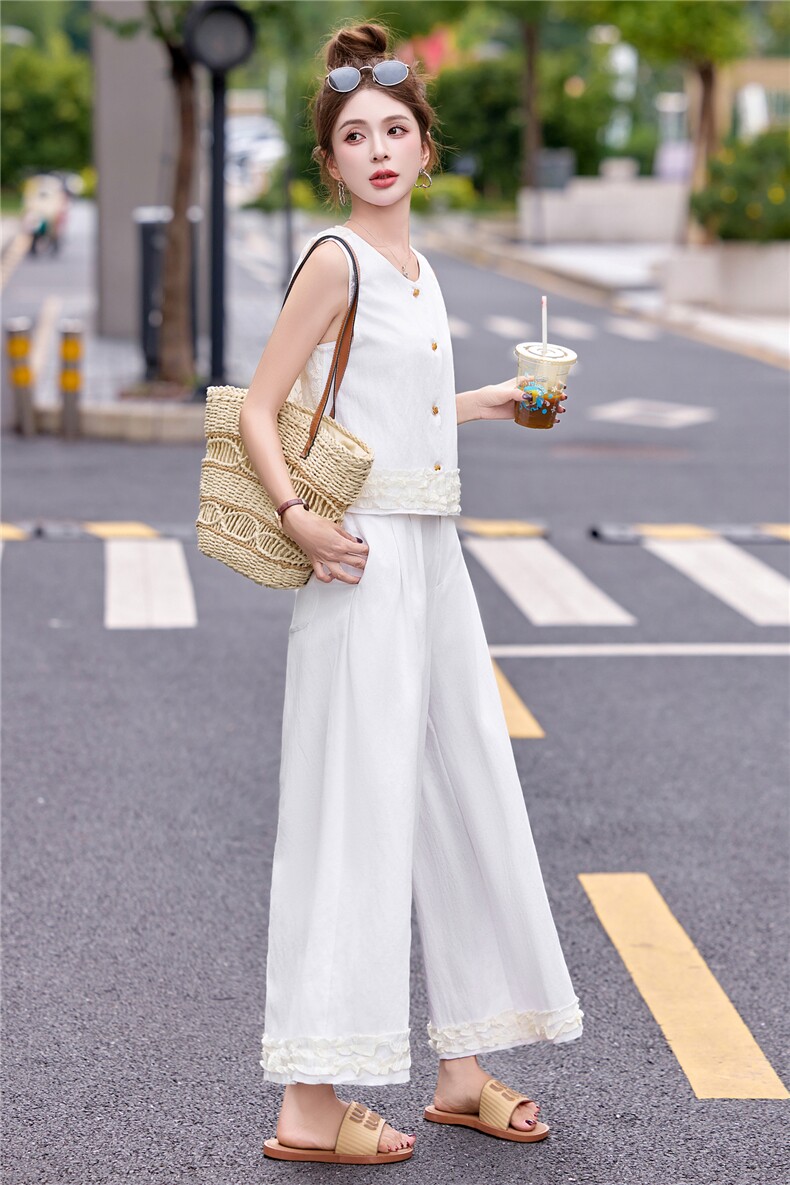 时尚套装女2025夏季新款亚麻洋气蕾丝拼接马甲高腰阔腿裤两件套潮,女装套装/套裙,瑶迪依秀