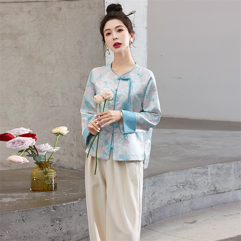 新款现货2024年春秋季新中式高级感复古上衣盘扣提花短外套,商品下架区,蓝诺裳