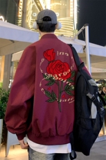 港风夜景秋款玫瑰印花宽松棒球领夹克F366特批65控98，男装夹克，电商A247