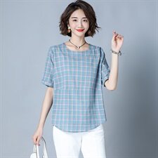 2025年夏季休闲格子潮流舒适时尚蕾丝衫/雪纺衫短袖圆领优雅，女装蕾丝衫/雪纺衫，风姿绰