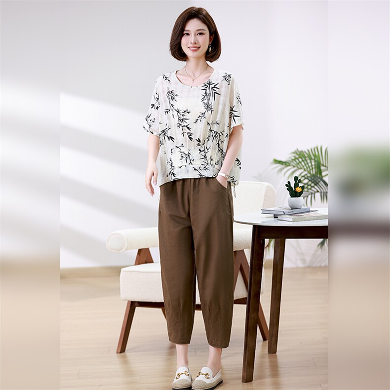 优雅印花宽松两件套女夏装新款时尚休闲裤套装,女装套装/套裙,叶笙衣