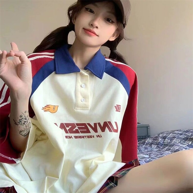 H0648-P40学院风美式Polo衫撞色短袖t恤潮牌7七分袖,女装衬衫,星座617A-2