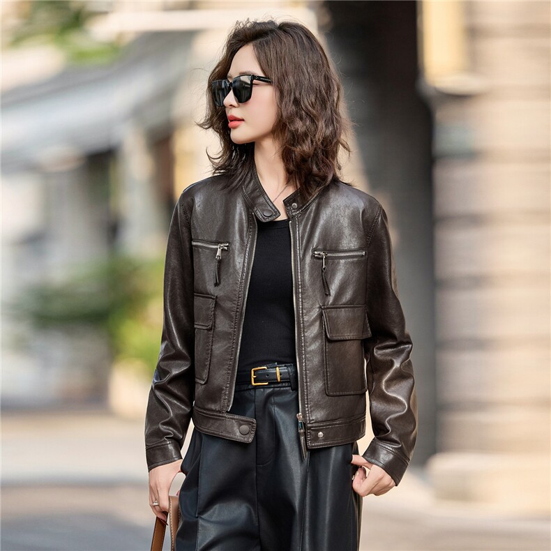 时尚小立领机车风皮衣女2025秋季新款小个子短款修身百搭夹克外套,女装皮衣,臻衣坊