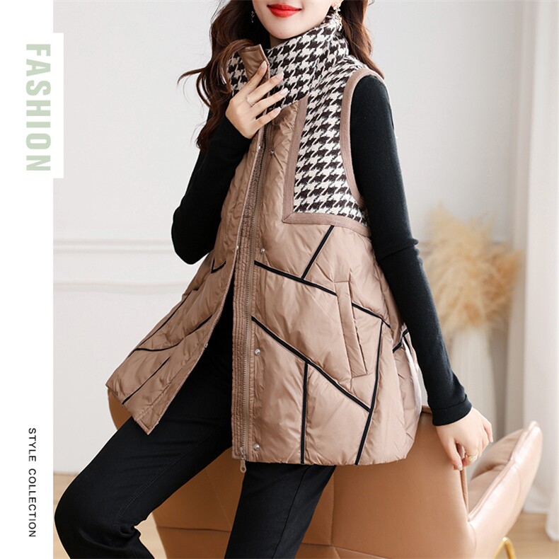 现货2024冬季新款小众设计千鸟格拼接休闲时尚保暖羽绒马甲，女装羽绒服，深水步