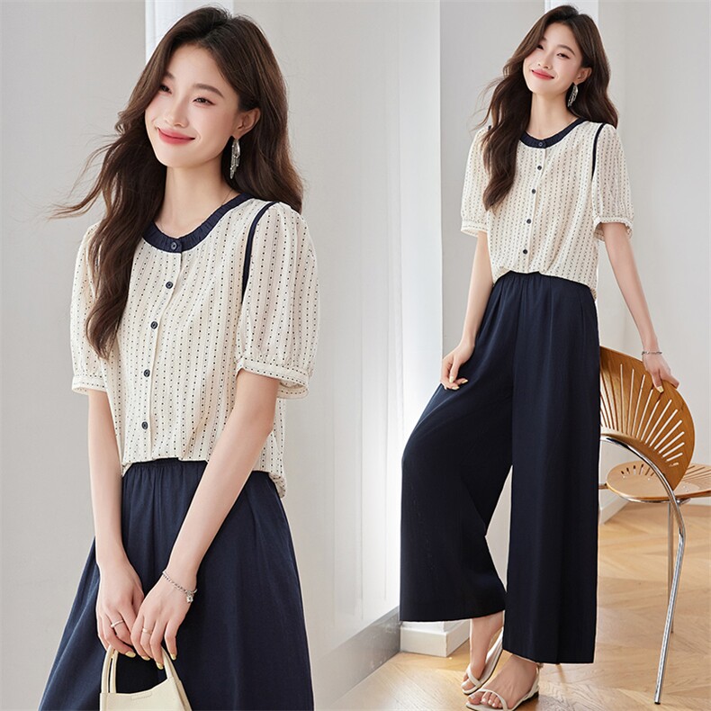 通勤气质巨好看套装女2025夏季新款时尚波点短袖衬衫裤腿裤两件套，女装套装/套裙，罗腾