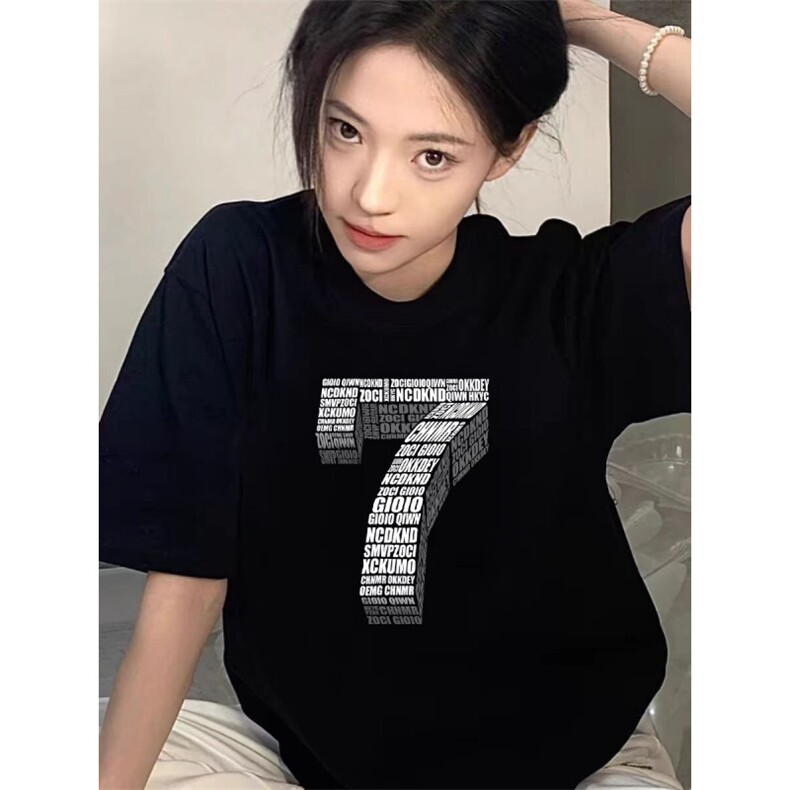T0745-P25 简约数字高级感纯棉印花短袖 男女款学生情侣上衣图片