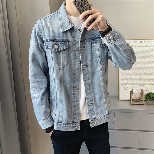 JK822-p90-限价138 现货店主风牛仔夹克肥仔量足破洞印花大码图片