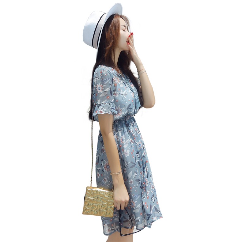 优雅简约百搭雪纺连衣裙V领松紧腰短袖2021年夏季,女装连衣裙,瑶迪依秀