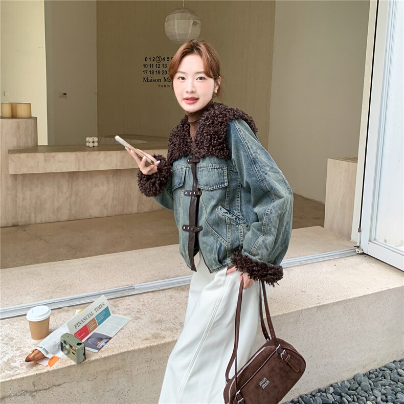 现货2D078-Y3376-P235K359牛角扣牛仔羊羔毛夹棉内里棉衣,女装棉衣/棉服,2D078