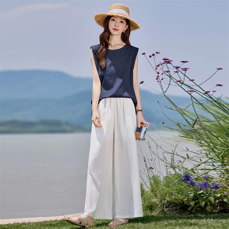 两件套套装女2025夏季新款超火棉麻减龄显瘦穿搭一整套高腰阔腿裤,女装套装/套裙,依路服饰