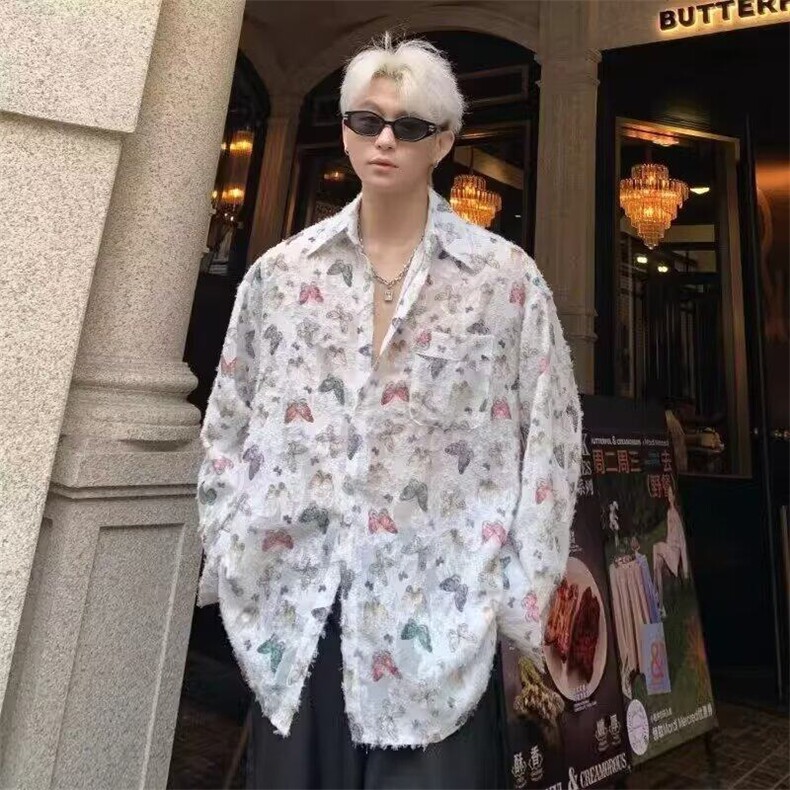 刺绣提花布设计感衬衫男复古春季高级bf衬衣休闲外套图片