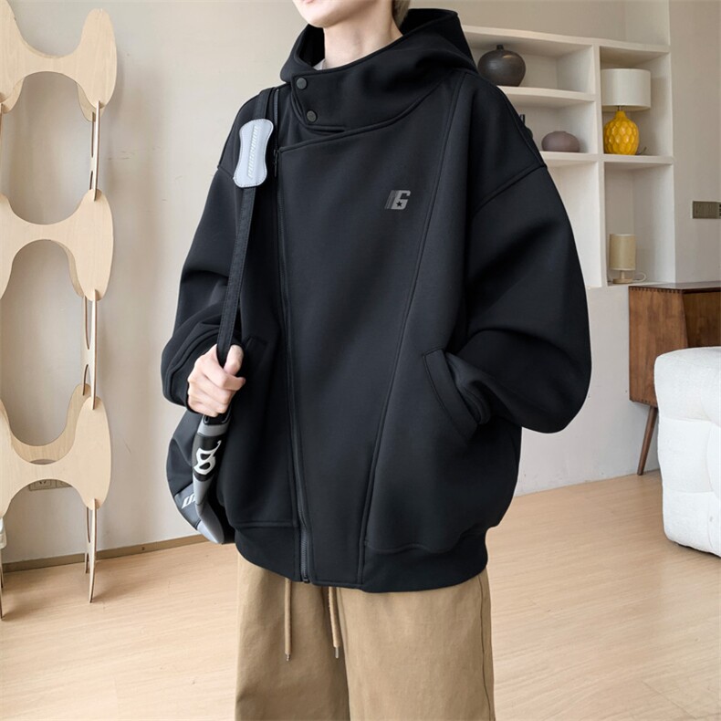 内景秋冬新款斜门襟设计连帽卫衣男潮宽松外套WY00748/P55加绒P60,女装短外套,电商B316
