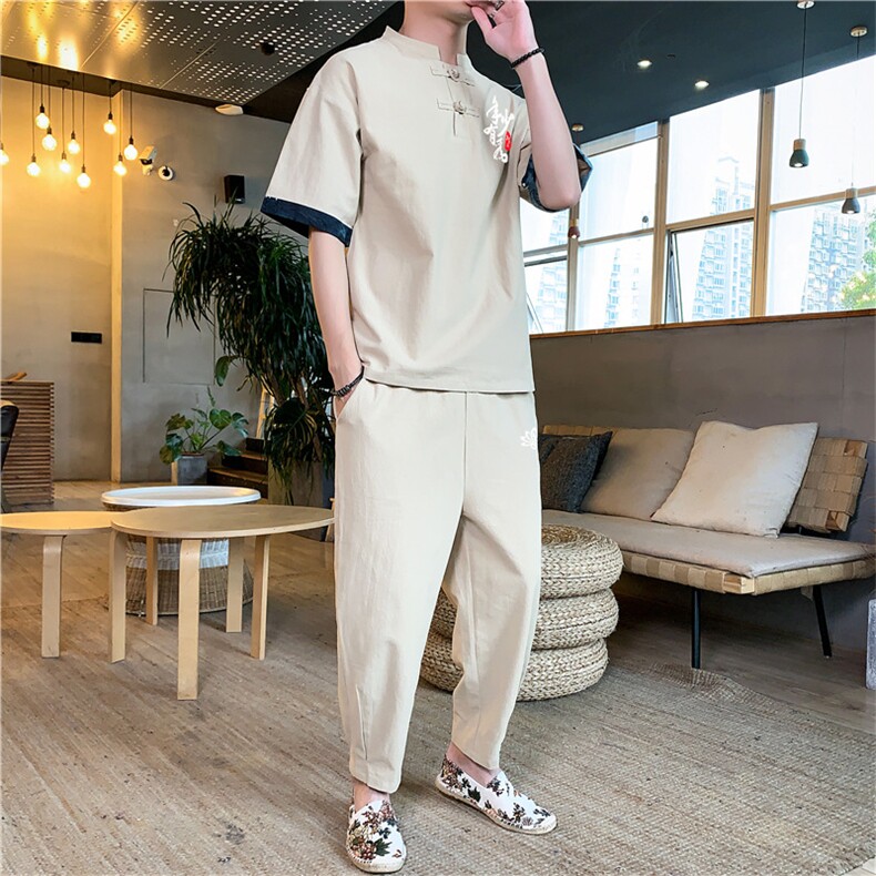 2021夏季风亚麻套装男士棉麻印花短袖大码九分裤套装P70,男装休闲套装,星座217-4