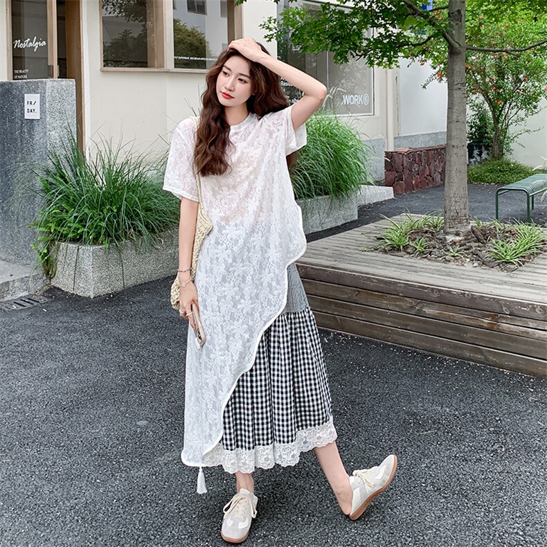 复古蕾丝连衣裙格子半身裙套装女夏2025新款小个子两件套独特漂亮,女装套装/套裙,2C009