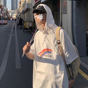 LD54064-P45 连帽短袖t恤男大码胖子带帽五分袖中袖图片