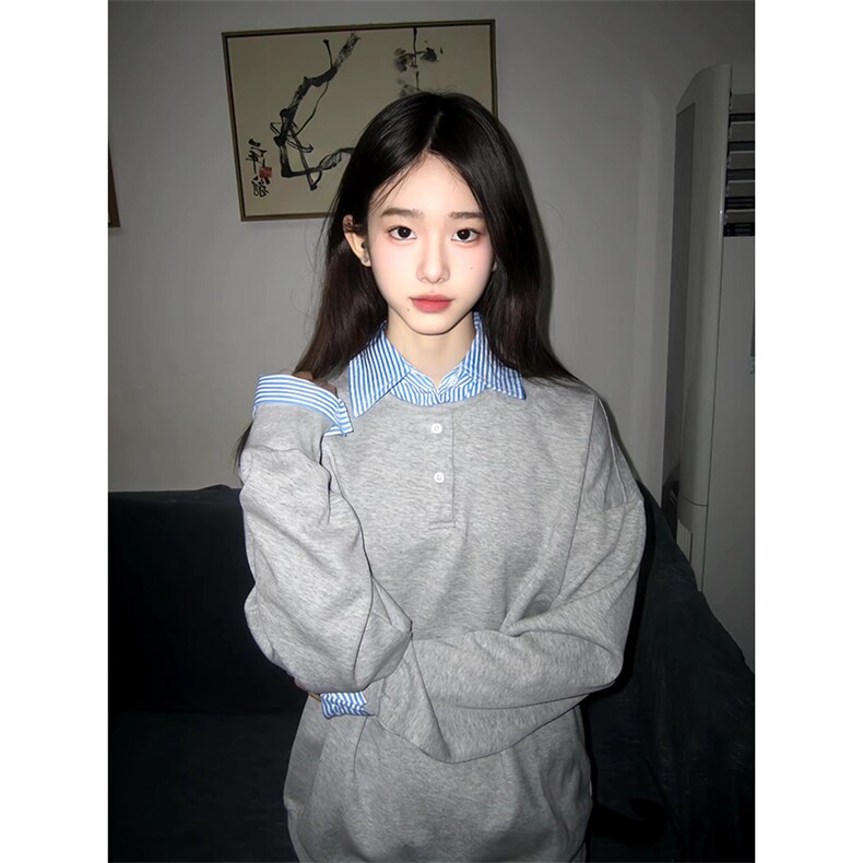 抖音得物高品质26春装美式高街假两件衬衫领长袖卫衣POLO领打底衫,男装T恤,电商A486-1