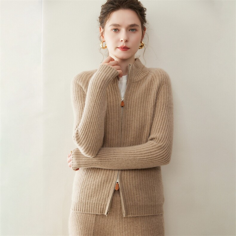 双拉链坑条山羊绒针织开衫女纯色立领羊毛外套秋冬新款修身毛衣，女装羊绒衫，纳丰羊绒