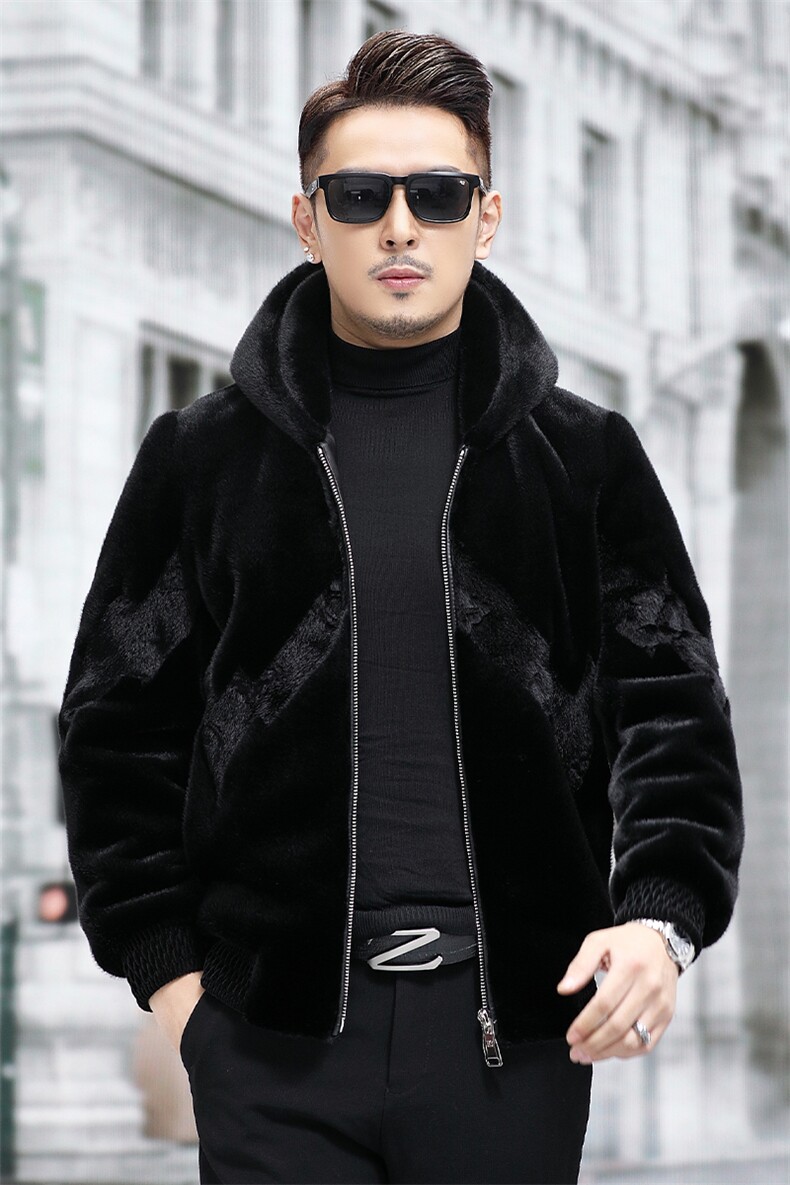 雪兰貂绒连帽外套男士冬季新款休闲时尚短款金貂绒夹克爸爸装,男装皮衣,钱塘723