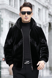 雪兰貂绒连帽外套男士冬季新款休闲时尚短款金貂绒夹克爸爸装图片