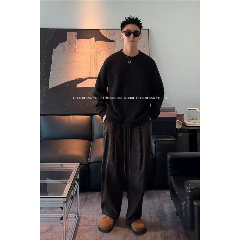 咖色豹纹裤子男士潮牌高级感弯刀休闲裤秋季慵懒松弛感直筒阔腿裤图片