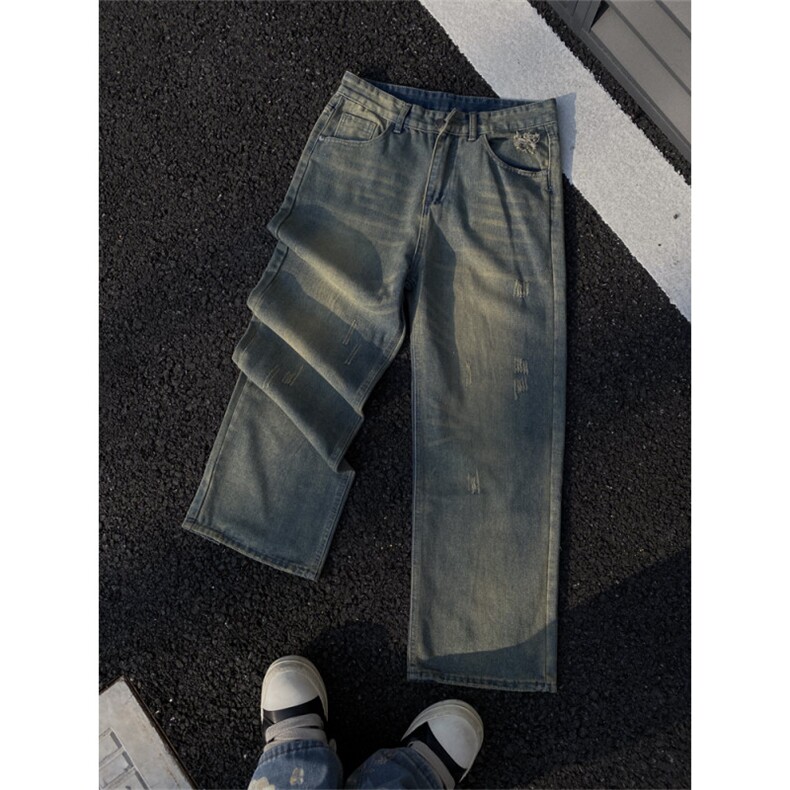 2024/水洗黄泥色cleanfit牛仔直筒破洞裤1005-3-SGN0015-P65控88,男装休闲裤,星座1005-3