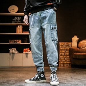 2021春季日系大码男大口袋美式工装九分裤束脚牛仔裤K002-P65图片