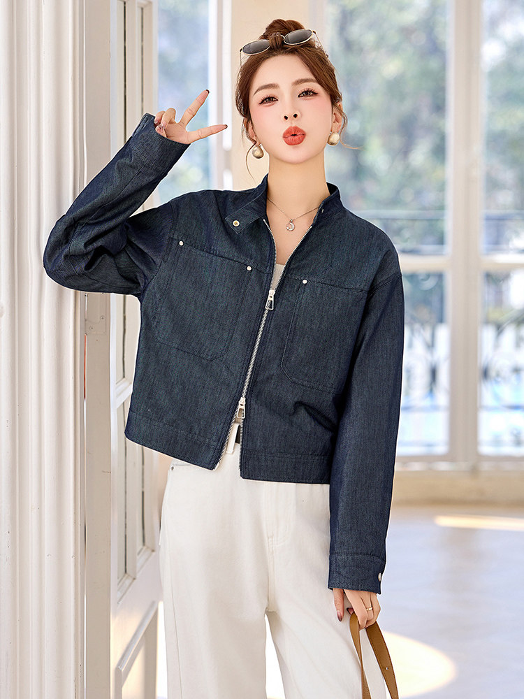 时尚复古蓝色牛仔短款外套女2025春秋新款小个子休闲立领夹克上衣,女装短外套,美沁