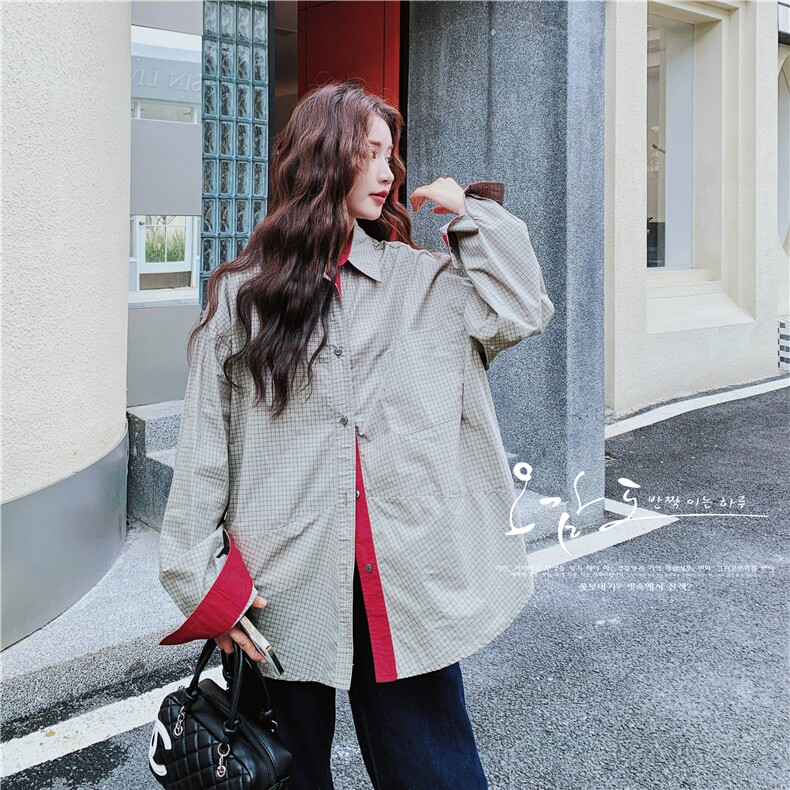 【新款】红袖灰格拼接衬衫2C137-8289-P135-K218,女装衬衫,2C137