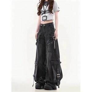 有货。重工飘带牛仔裤女2026多口袋阔腿裤子RK3420-P80图片