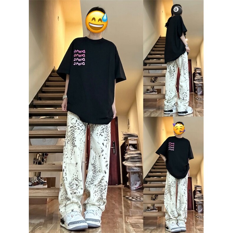 【网图有货】白色豹纹牛仔裤男女美式复古hiphop裤子BK01LL-特P52图片