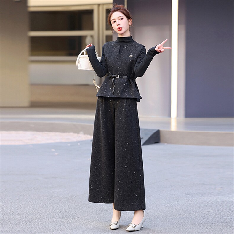 灰色高级小香风马甲套装女2025春新款气质显瘦高腰阔腿裤三件套,女装套装/套裙,歌伊格美
