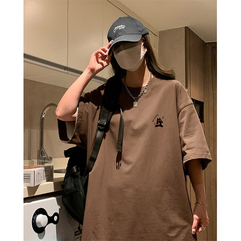 新款美式舒适圆领纯棉T恤小猫抱鱼宽松休闲打底衫HY550TP20控39,男装T恤,电商A102B