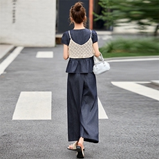 牛仔套装女2025夏季新款韩版宽松显瘦阔腿裤镂空吊带三件套，商品下架区，韩然一族