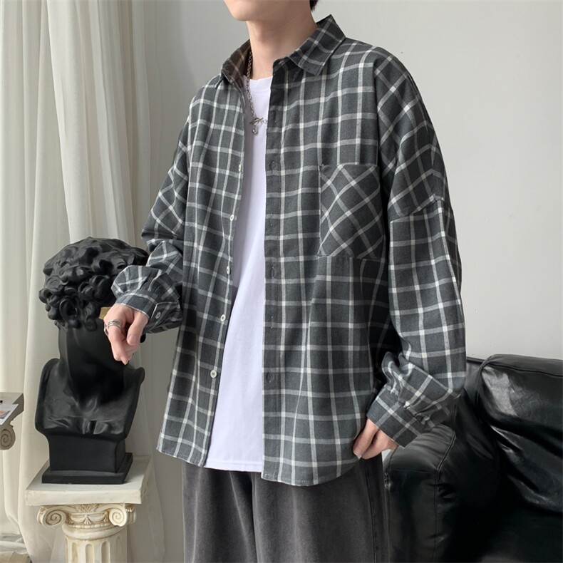 秋季新款外穿长袖衬衫男港风百搭休闲格子衬衣外套CS24/,男装衬衫,电商D202