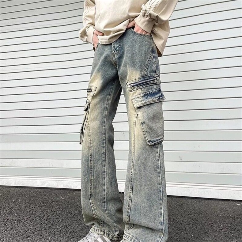 黑色弯刀牛仔裤男款春秋美式多口袋工装裤子显瘦直筒不贴身微喇裤,男装牛仔裤,星座813-2