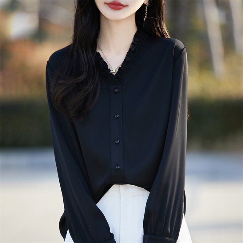 春秋新款缎面真丝长袖开衫女V领木耳边纯色百搭上衣宽松醋酸衬衫,女装衬衫,臻维羊绒